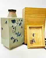 美品　益子焼　人気作家　福原達朗作　葡萄紋角瓶　茶道具　共箱　送料込み0807 美品 益子焼 人気作家 福原達朗作 葡萄紋角瓶 茶道具 共箱 送料